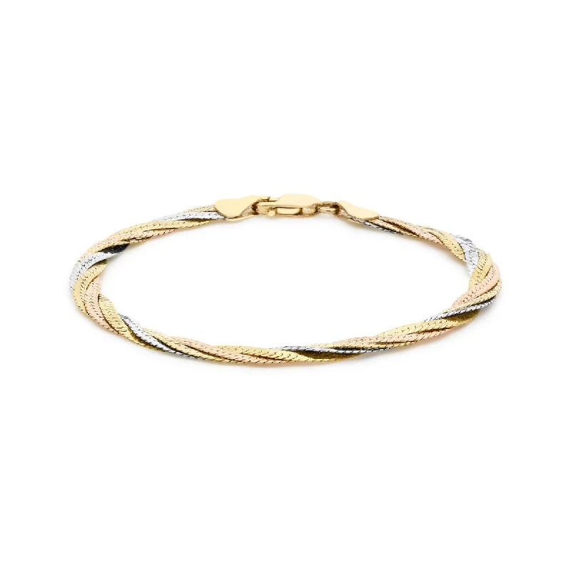 9K 3-Colour Gold 4-Plait Textured Herringbone Bracelet 7.5