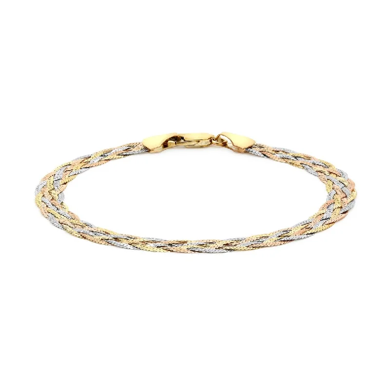 9K 3-Colour Gold 6-Plait Textured Herringbone Bracelet 7