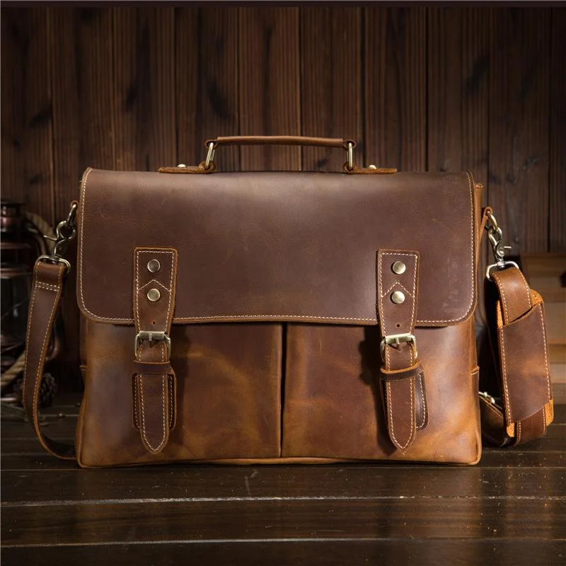 Vintage Brown Leather Mens Briefcase 13inch Laptop Bag Business Bag Handbag For Men