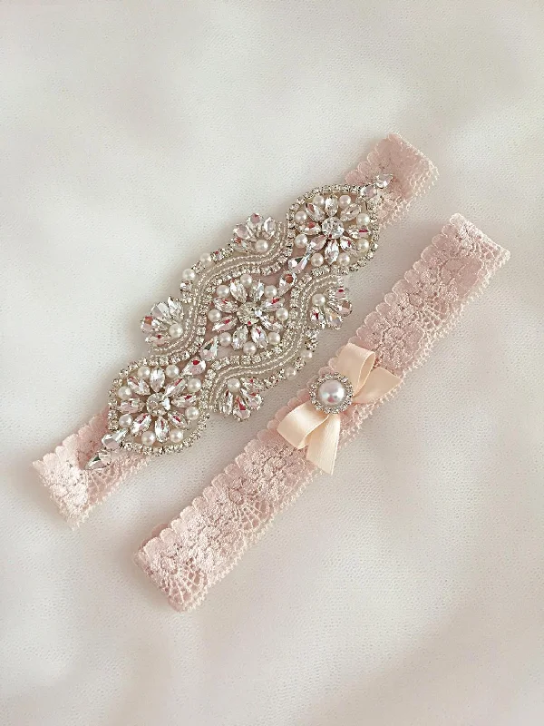 LEILA | Champagne Lace Wedding Garter Set with Crystals and Pearls