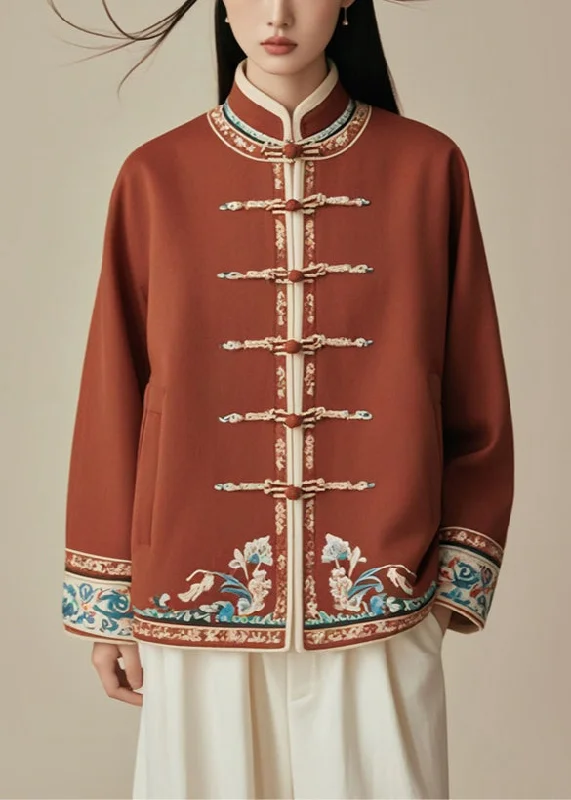 Chinese Style Brick Red Stand Collar Button Cotton Coat Fall