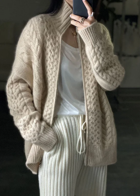 DIY Beige Zip Up Casual Woolen Knitted Tops Coat