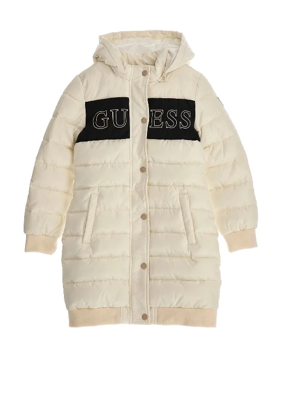 Guess Girls Logo Hooded Puffer Coat, Cream