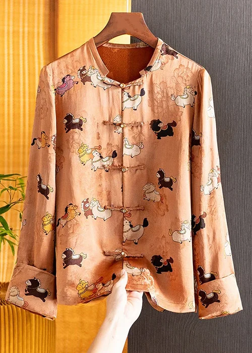 Orange Retro Jacquard Thin Jacket Casual Printed Fall Top Long Sleeve